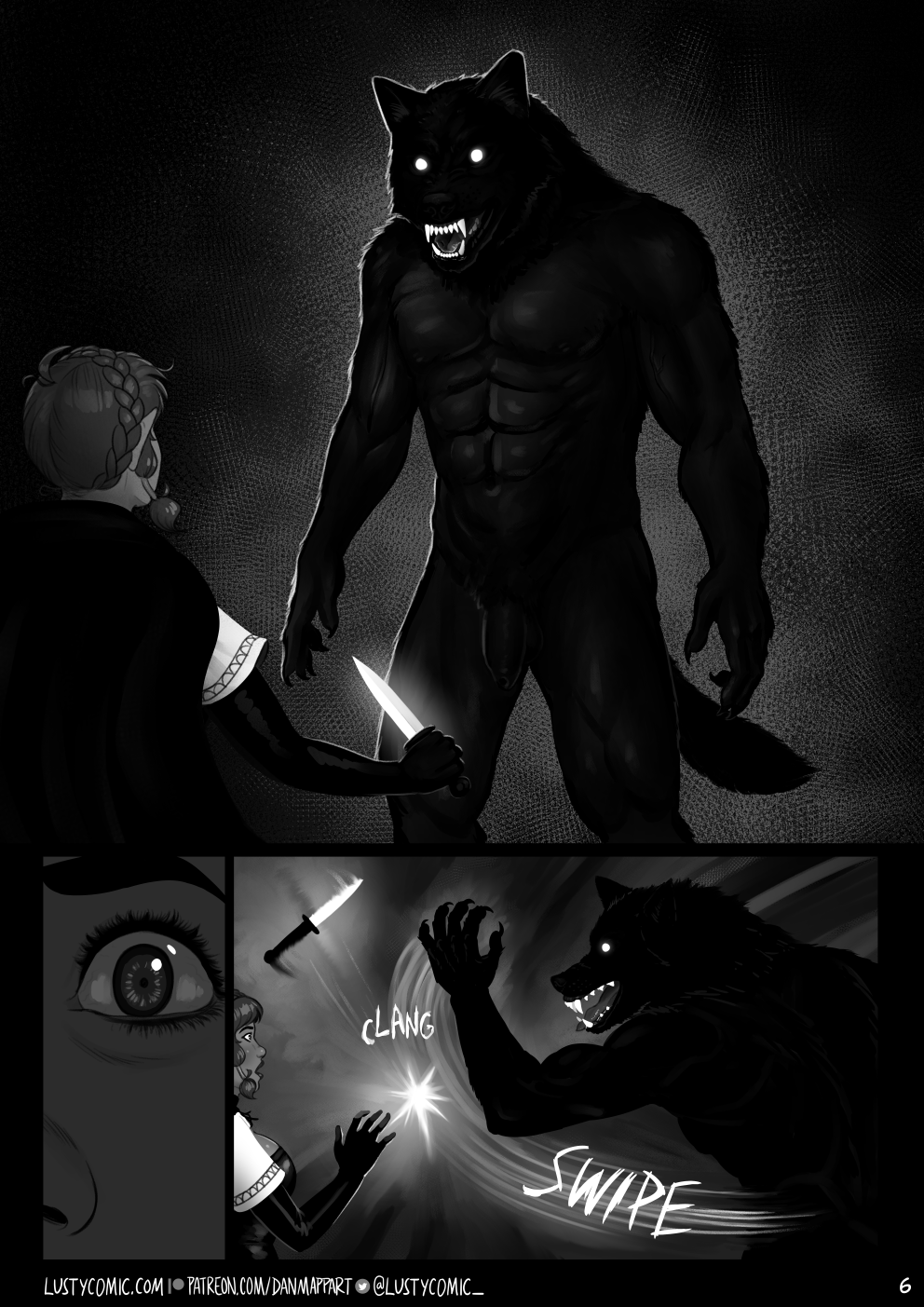 A dark figure of rippling muscle and black fur now stands menacingly before the elf. A WEREWOLF. His teeth shine white in the moonlight. A moment shorter than a breath passes as the predator regards his prey hungrily. Lusty's eyes go wide. Before she can use her dagger, the werewolf swipes it out of her hand with a loud clang. It goes flying.