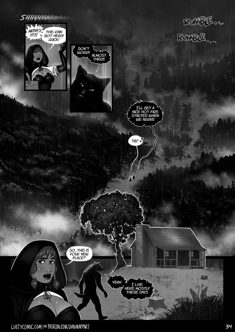 Lusty and Badru continue on their way through the dark forest. Thunder rumbles overhead. The pair are soaked by the rain, and droplets fall off Badru's ears. "Migna's tits! This rain got heavy quick!" says Lusty. "Don't worry, almost there. I'll get a nice hot fire started when we arrive" says Badru. "Yay!" says Lusty. The forest around them is vast and misty, full of evergreens and deciduous trees. The undergrowth is a tangle of ferns, grasses, and hardy wildflowers. "So, this is your new place? Lusty says, as they arrive at a neat log cabin with a stone chimney and a small verandah. "Yeah. I love here mostly these days" says Badru. The cabin rests on a small hill. A gnarled tree stands behind the cabin, its branches reaching over the shingled roof. Around the area are a few tree strumps, and a chopping block closer to the verandah.