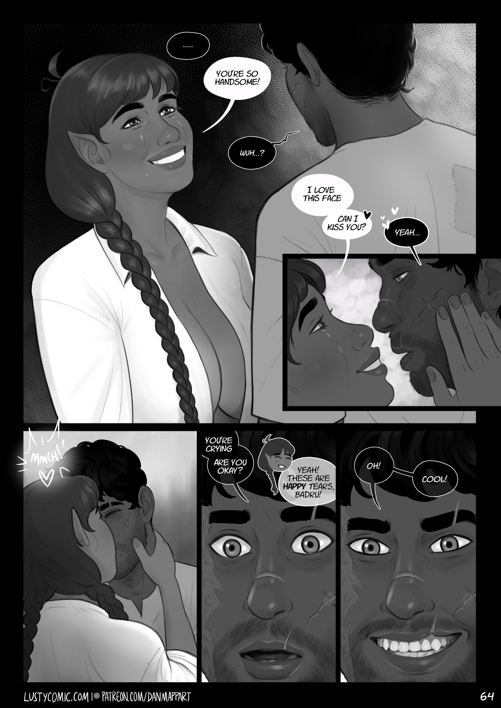 Badru and Lusty are silent for a moment. Lusty's smile could not be brighter even under the tears streaming down her face. "You're so handsome!" she says. "Wuh?" Badru says. "I love this face. Can I kiss you?" asks Lusty, moving within an inch of Badru's lips, resting her hand on his cheek. "Yeah" says Badru. They kiss. Badru can't quite believe it. "You're crying. Are you okay?" he asks. "Yeah!" says Lusty, "These are happy tears, Badru!". "Oh! Cool!" he says, flashing a wolfish grin.